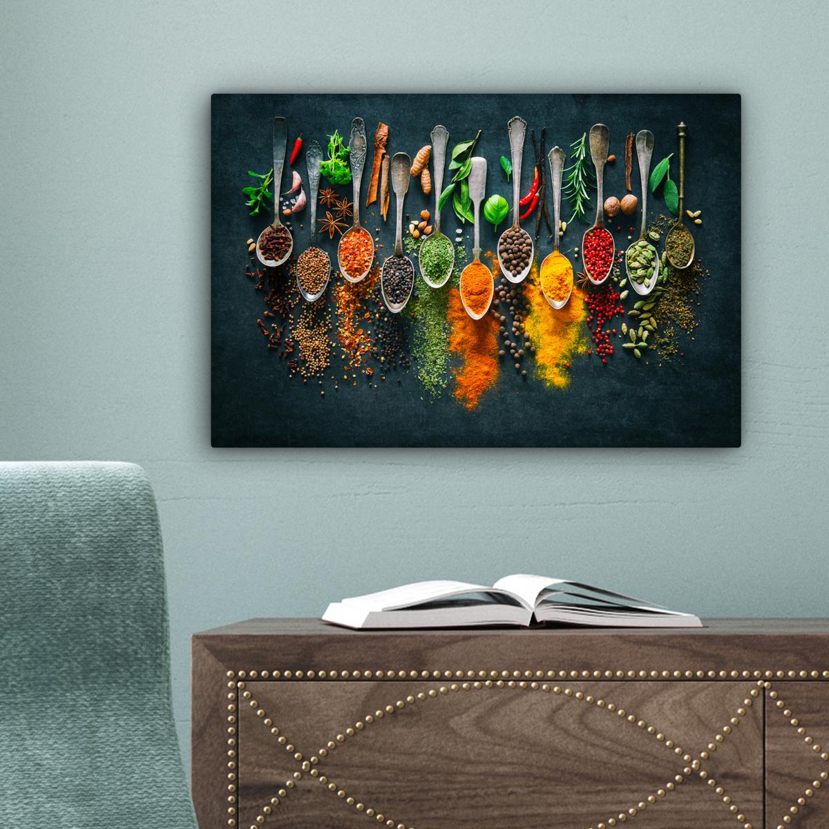 LEINWANDBILD Kräuter - Gewürze - Löffel Deko Schlafzimmer 30x20 cm - Currygelb, Textil (30/20cm) - MuchoWow