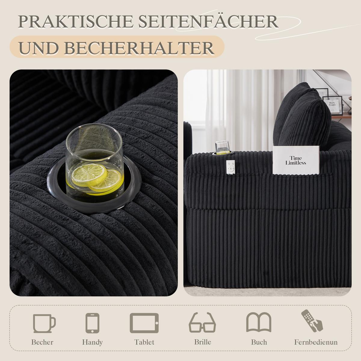 CHAISELONGUE in Cord Übergroßer Relaxsessel mit Seitentaschen - Schwarz, Textil (158/61/93cm) - Urban Meuble