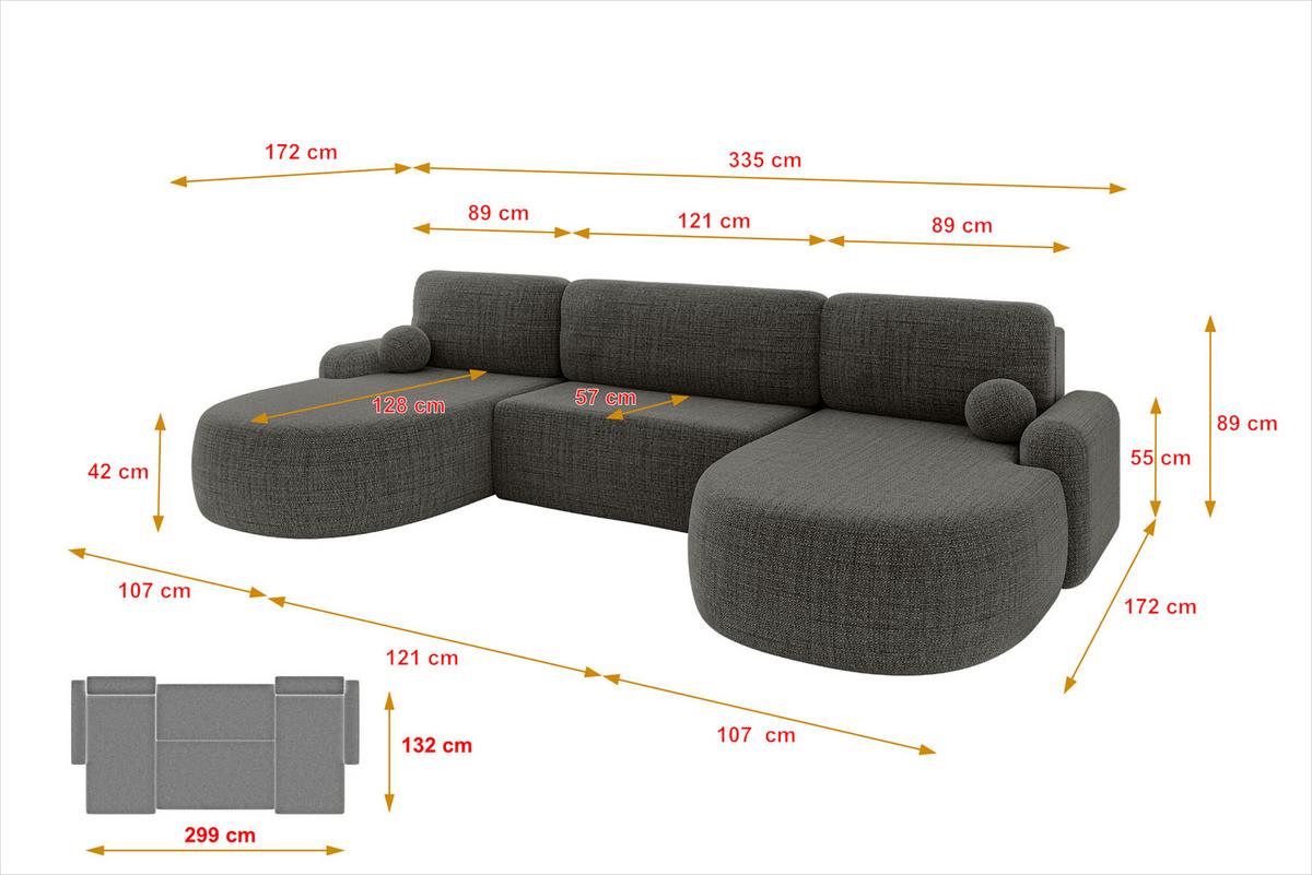 WOHNLANDSCHAFT mit Schlaffunktion und Bettkasten LIRA-U - 335x172x89 Grau - Grau, Holzwerkstoff/Textil (335/89/172cm) - ALTDECOR