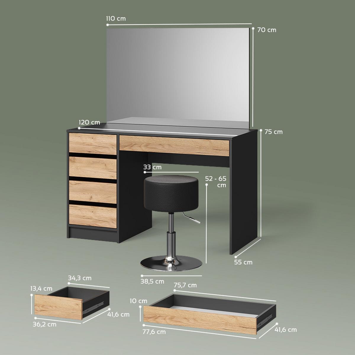 SCHMINKTISCH Imola Anthrazit/Goldkraft Eiche 120 cm mit Hocker - Honigeiche/Anthrazit, Holzwerkstoff (120/75/55cm) - Livinity®