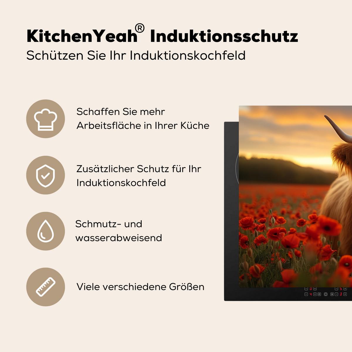 HERDABDECKPLATTE Schottische Highlander - Rosen - Blumenfeld - Sonnenuntergang Induktionsschutz 81.6x52.7 cm - Rotbraun, Kunststoff (81.6/52.7/0.2cm) - MuchoWow