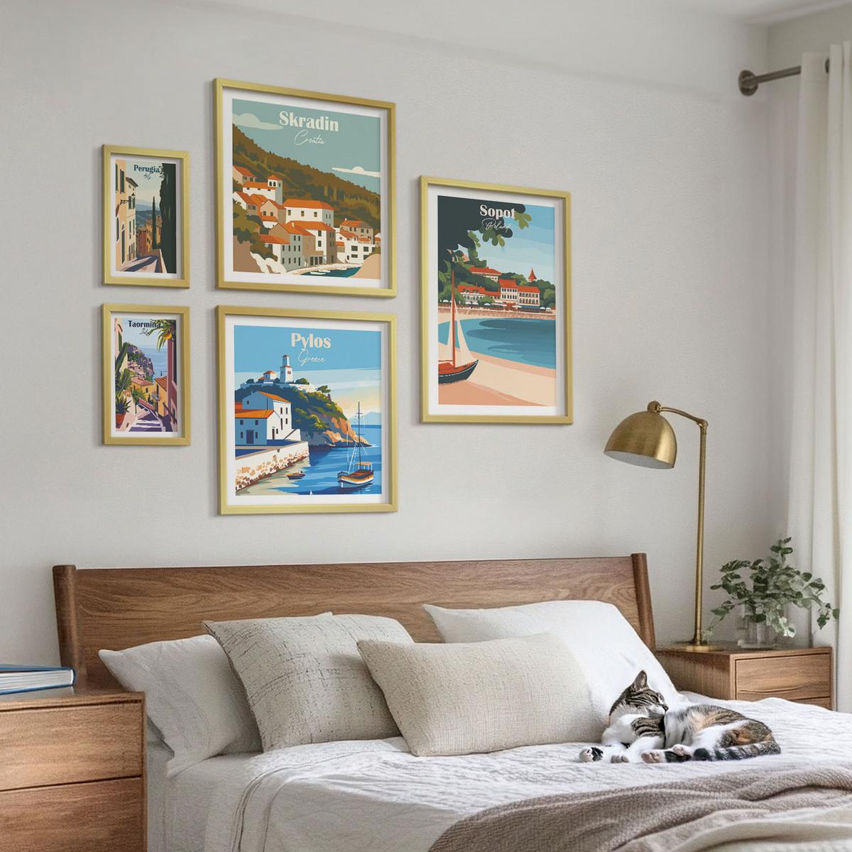 BILDER SET 5er Set - 50x50 cm & 20x30 cm & 40x60 cm Goldrahmen - Retro-Landschaften im malerischen Stil - Goldfarben, Kunststoff (40/60cm) - TULUP