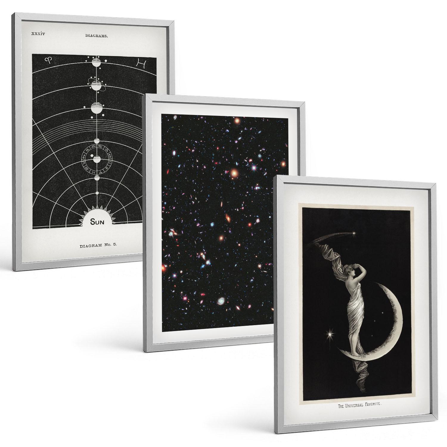BILDER SET 3er Set - 40x60 cm Silberner Rahmen - Nachtdarstellung des Sonnensystems - Silberfarben, Kunststoff (40/60cm) - TULUP