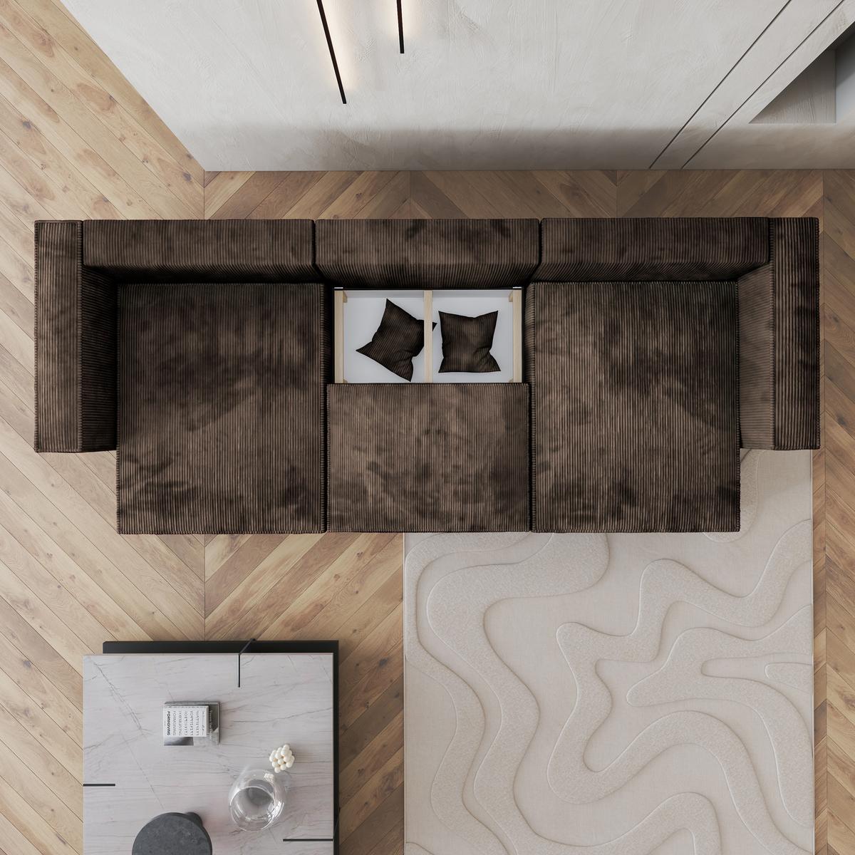 WOHNLANDSCHAFT SARMO P Braun Kordstoff mit Schlaffunktion - Braun/Grau, Holz/Kunststoff (347/70/148cm) - MASSENO