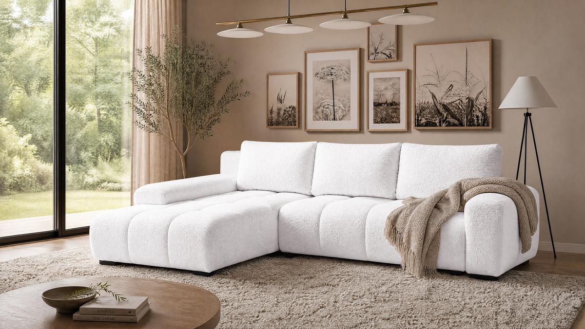 ECKSOFA Ovia mit Bettkasten und Schlaffunktion, Bouclé-Stoff in L-Form - Weiß, Textil (270/185cm)