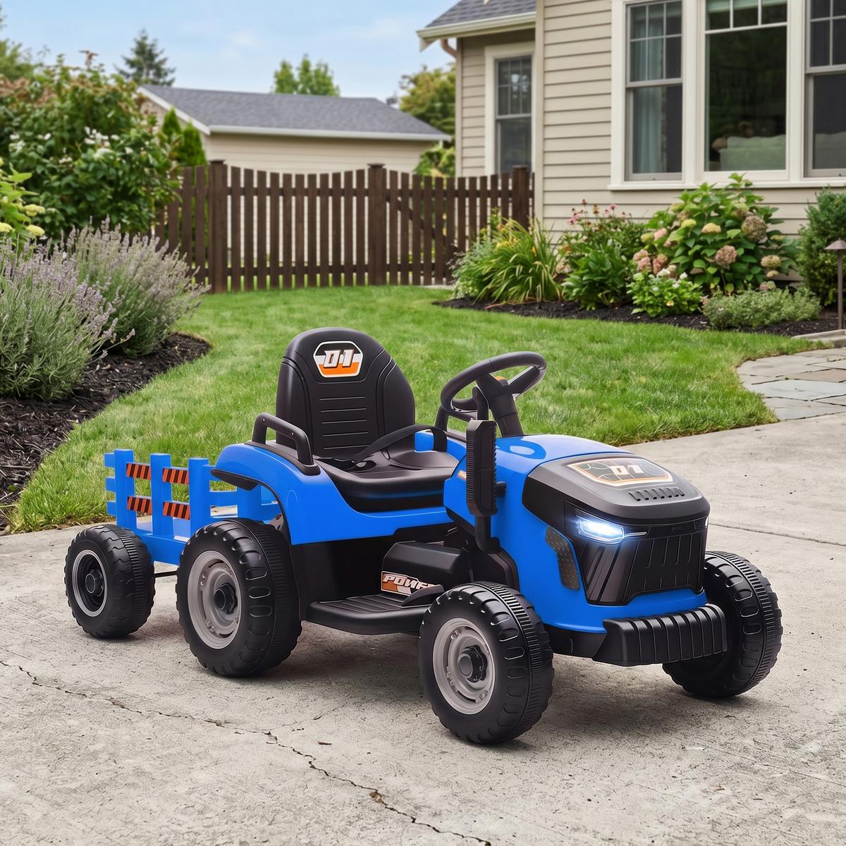 KINDER-ELEKTROTRAKTOR 3-Gang mit Anhänger, 2 Motor, für 3-8 Jahre, Blau - Blau, Metall (139/58/55cm) - AIYAPLAY