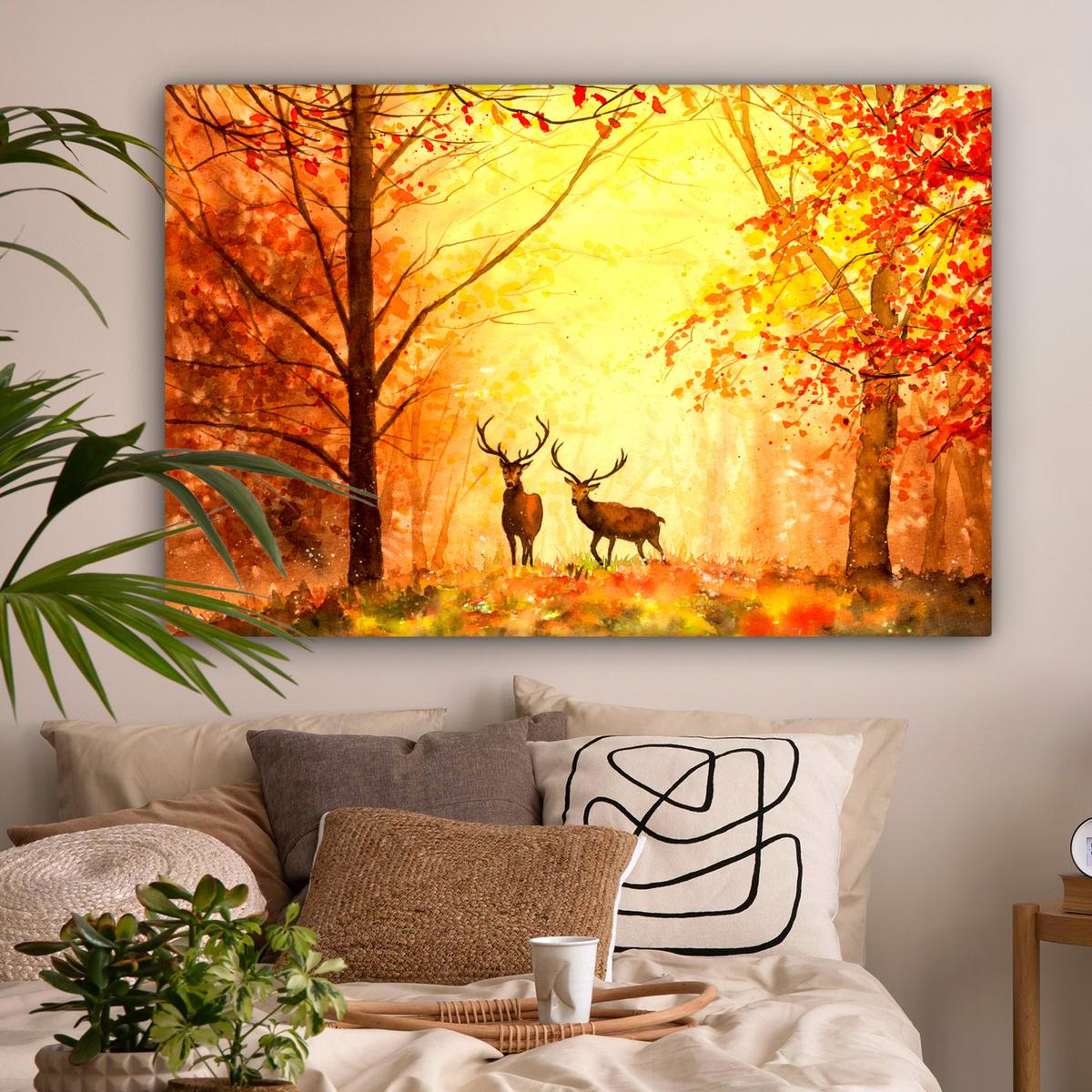 LEINWANDBILD Natur - Ölfarbe - Hirsche - Tiere - Herbst - Orange Groß 140x90 cm - Orange, Textil (140/90cm) - MuchoWow