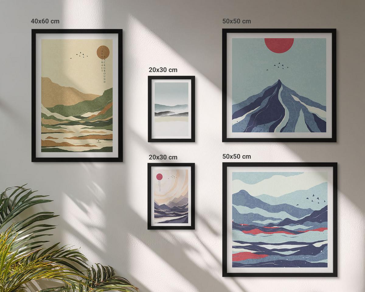 BILDER SET 5er Set - 50x50 cm & 20x30 cm & 40x60 cm Schwarzer Rahmen - Berge minimalistische Pastellfarben - Schwarz, Kunststoff (40/60cm) - TULUP