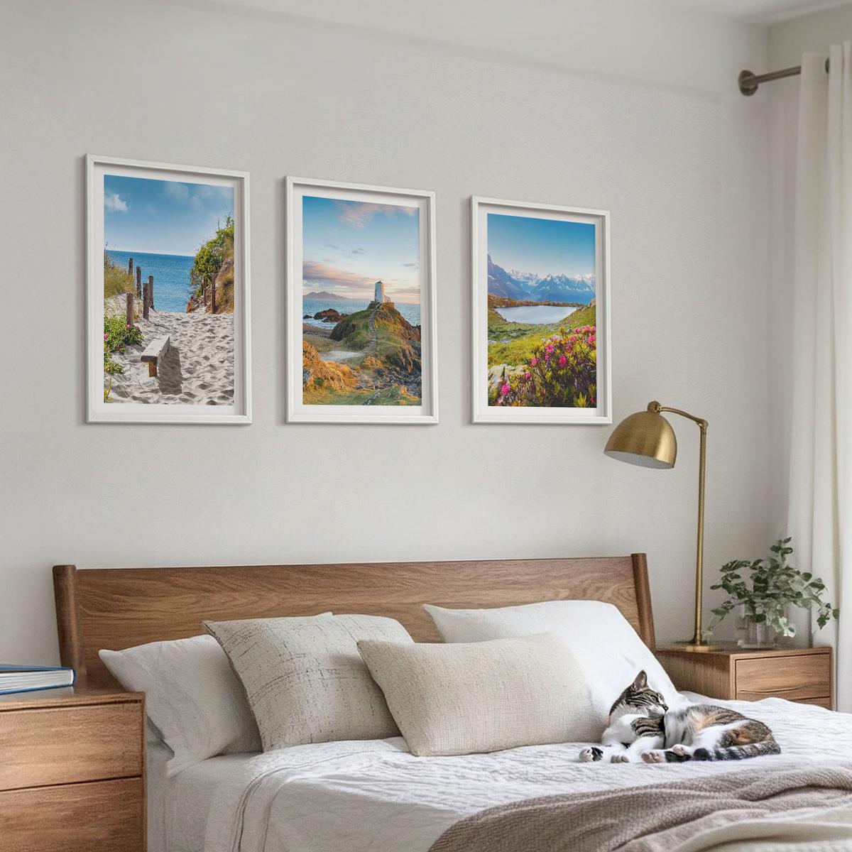 BILDER SET 3er Set - 40x60 cm Weißer Rahmen - Strand, Leuchtturm, Berge, Blumen - Weiß, Kunststoff (40/60cm) - TULUP