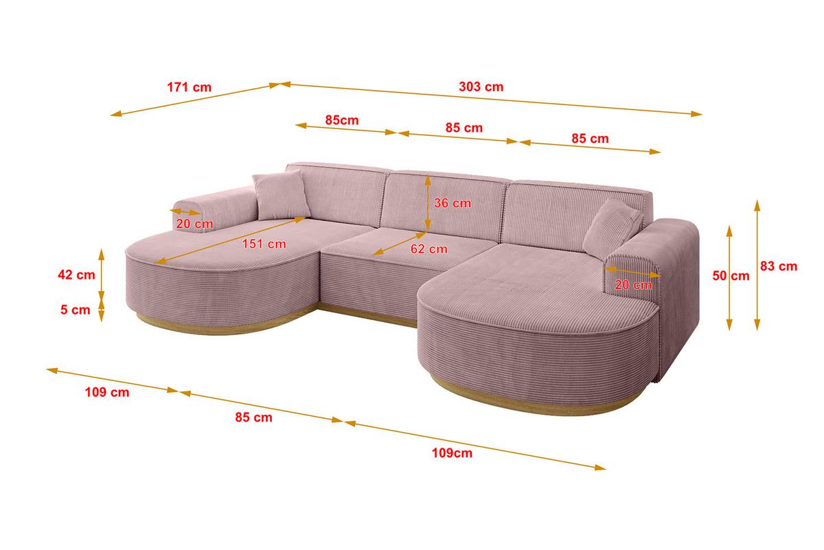 WOHNLANDSCHAFT MARI-U1-v2 - 303x171x83 cm Rosa Cord - Rosa, Holzwerkstoff/Textil (303/83/171cm) - ALTDECOR
