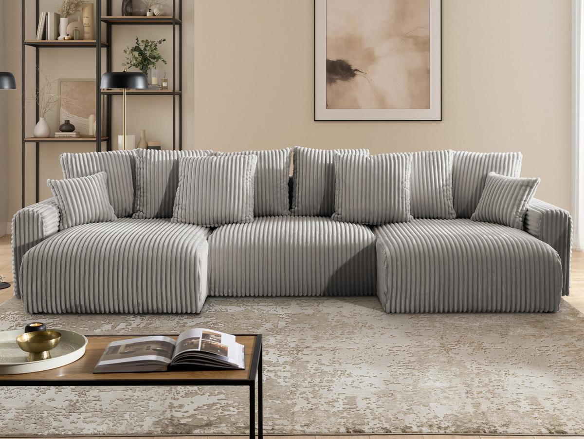 WOHNLANDSCHAFT Calma mit Schlaffunktion und Bettkasten im Bumpy-Design aus weichem Taupe Plüschcord - Taupe/Beige, Holz/Textil (336/88/140cm) - S-Style