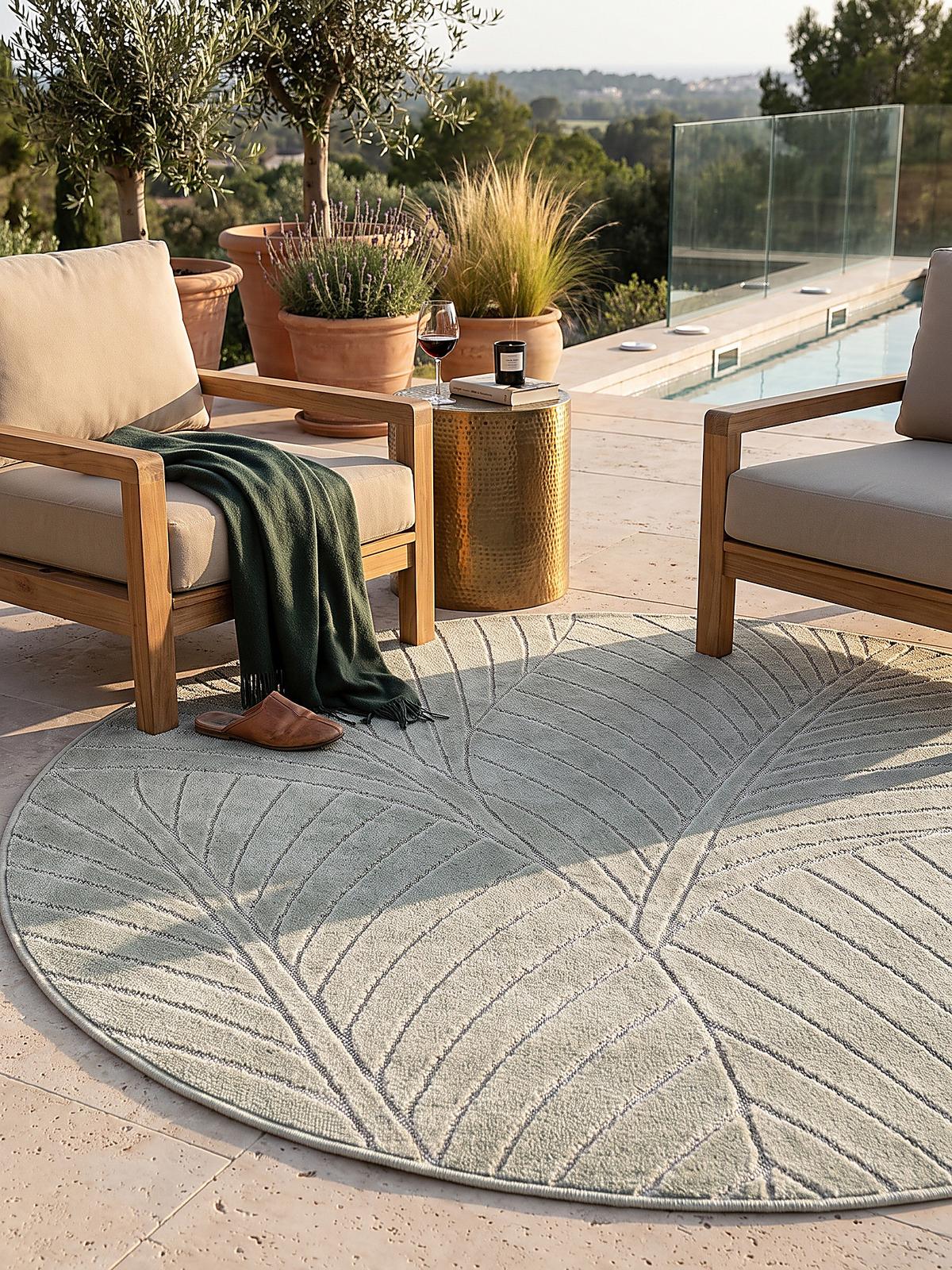 TEPPICH Outdoor, Fußbodenheizung-geeignet, mit Blattmotiv, ENGADIN in Salbeigrün, Ø 80 cm - Grün, Textil (80/80cm) - KADIMA DESIGN