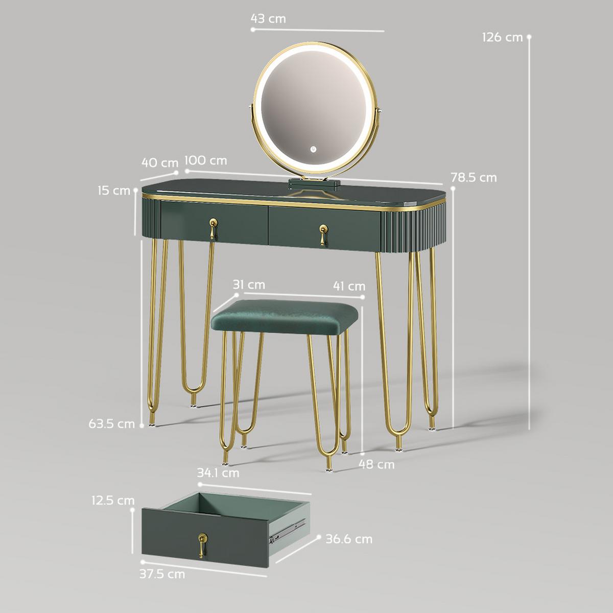 SCHMINKTISCH Isonca Dunkelgrün Hochglanz mit LED Beleuchtung und Hocker - Dunkelgrün, Holzwerkstoff (100/126/40cm) - Livinity®