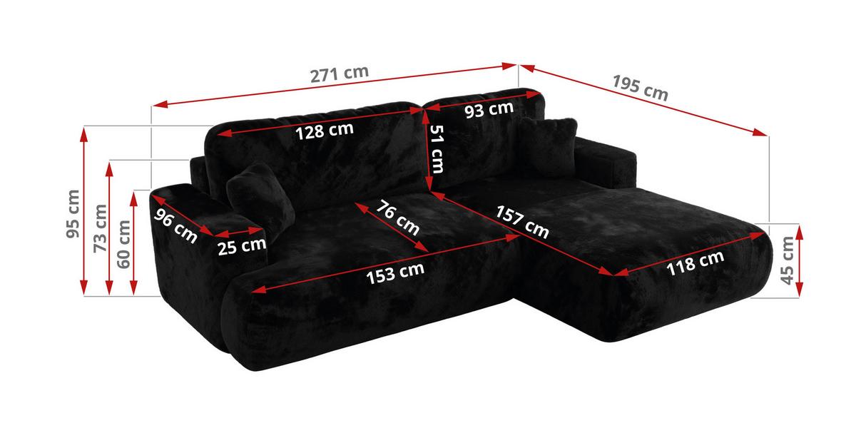 ECKSOFA OVO L Schwarz Plüsch - Rechts Seite - Schwarz, Kunststoff/Textil (195/271cm) - MKS