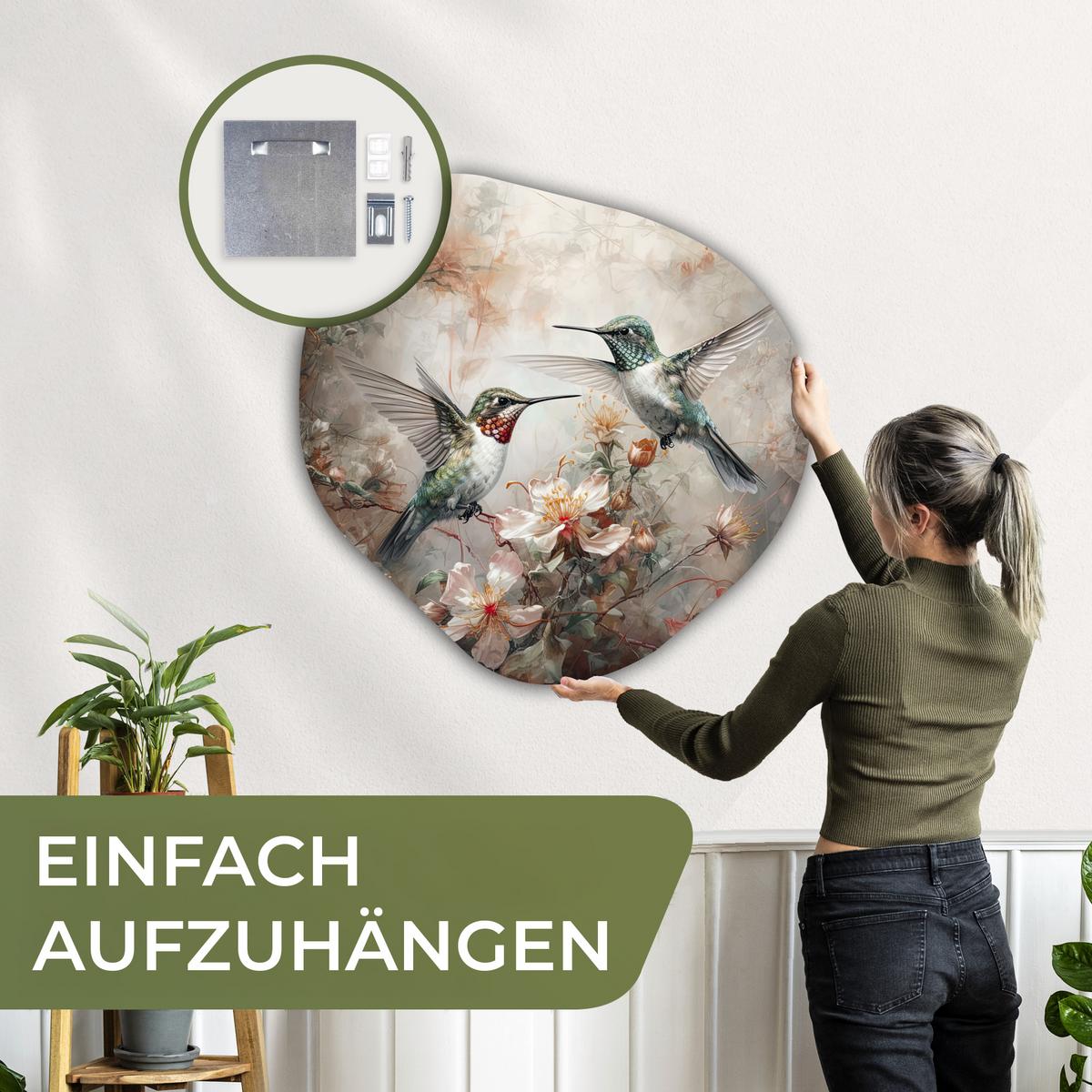 WANDBILD Kolibri - Vögel - Blumen - Pflanzen Room Decor 90x90 cm - Hellgrün, Kunststoff (90/90cm) - MuchoWow