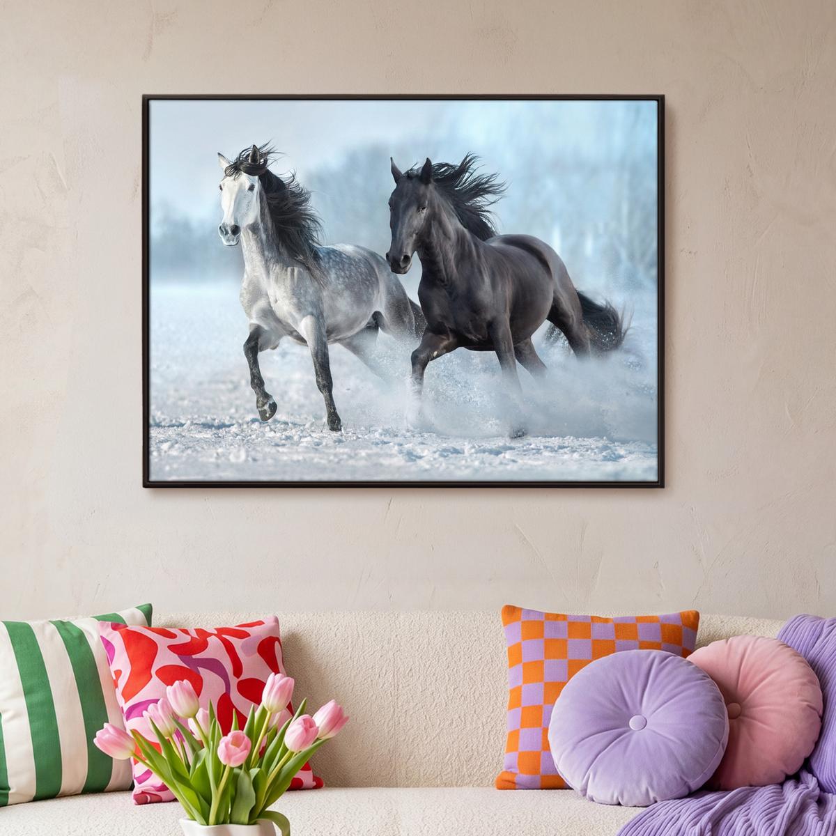 LEINWAND Bilder mit Rahmen - Pferde - Winter - Tiere - Natur - Schnee - 100x70 - Anthrazit, Textil (100/70cm) - MuchoWow