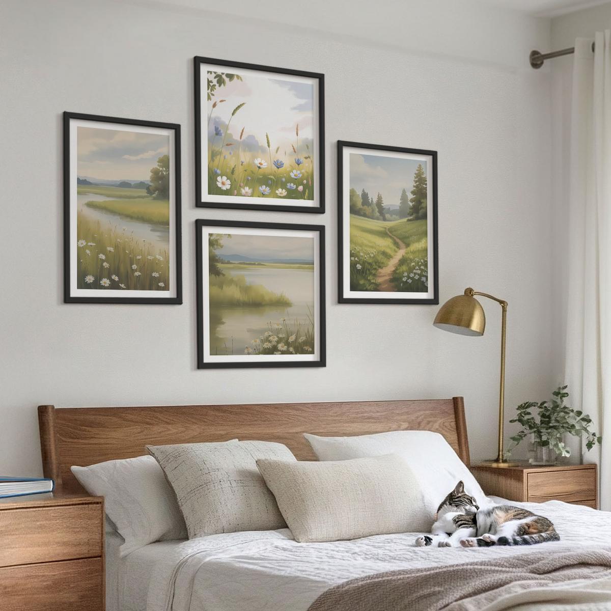 BILDER SET 4er Set - 50x50 cm & 40x60 cm Schwarzer Rahmen - Frühlingslandschaft Flusswiese - Schwarz, Kunststoff (50/50cm) - TULUP