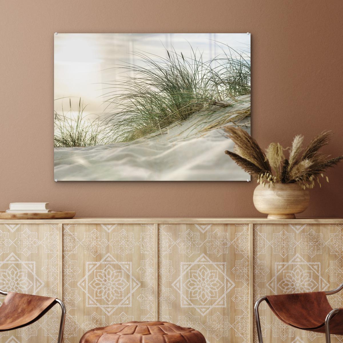 ACRYLGLASBILD Dünen mit Strandhafer in der Sonne des Nationalparks Schleswig-Holsteinisches Wattenmeer 80x60 cm - Creme, Glas (80/60cm) - MuchoWow