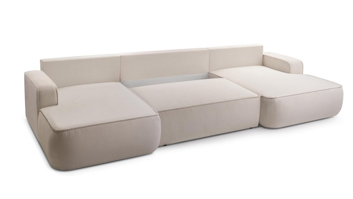 WOHNLANDSCHAFT SOLO Beige Boucle-Stoff mit Schlaffunktion - Beige, Holz (364/87/168cm) - MASSENO