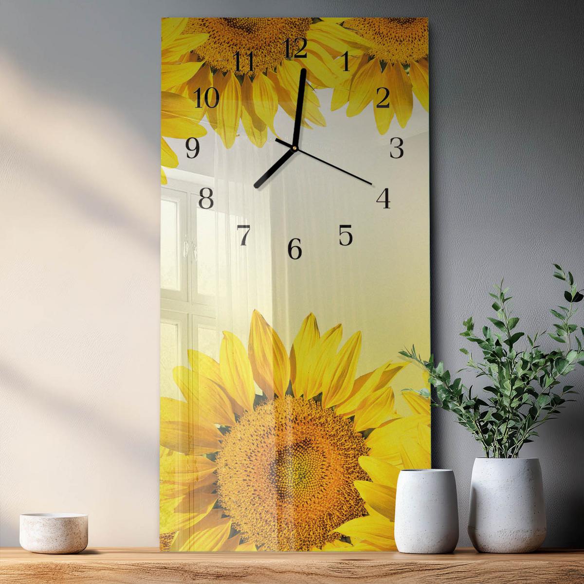 WANDUHR aus Glas 30x60 cm - Sonnenblume - Gelb, Glas (30/60/0.4cm) - TULUP
