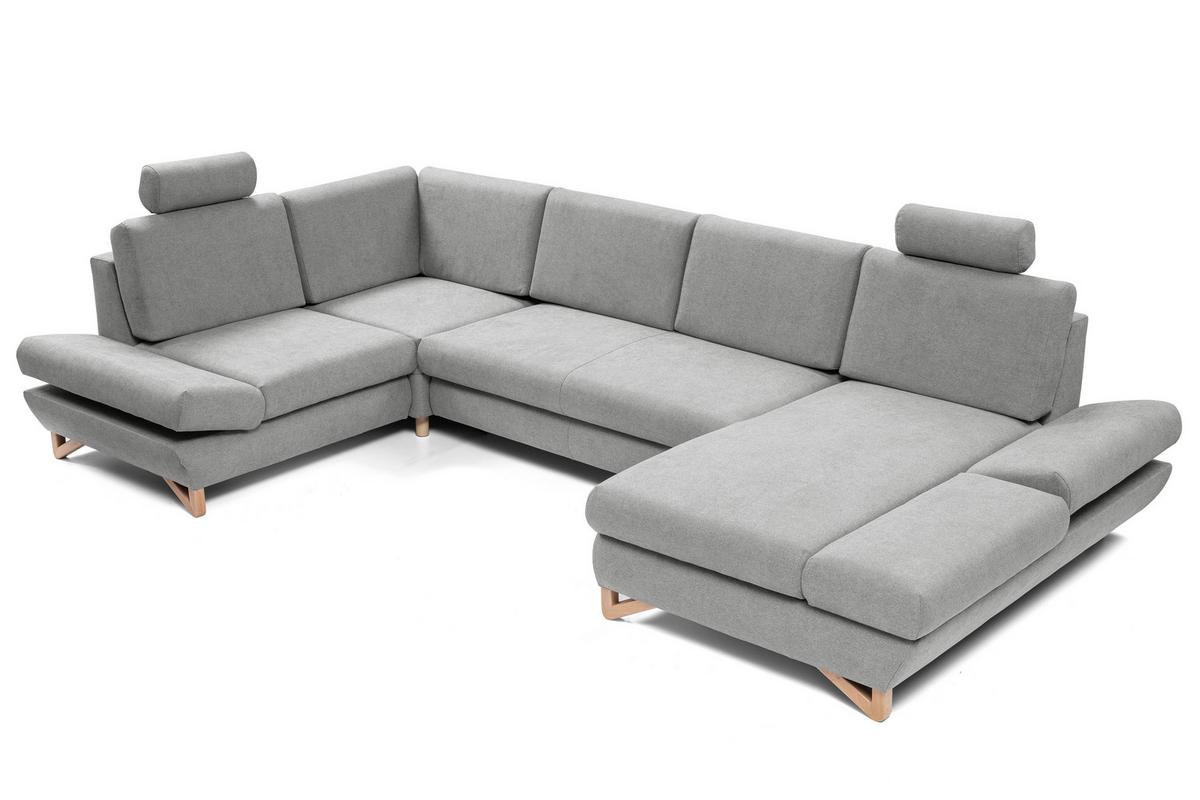 WOHNLANDSCHAFT CASA IV L-S Grau Plüsch-Stoff mit Schlaffunktion - Grau, Holz (344/100/199cm) - MASSENO