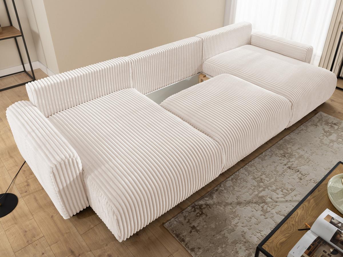 WOHNLANDSCHAFT Calma mit Schlaffunktion und Bettkasten im Bumpy-Design aus weichem Hellbeige Plüschcord - Beige/Schwarz, Holz/Textil (336/88/140cm) - S-Style