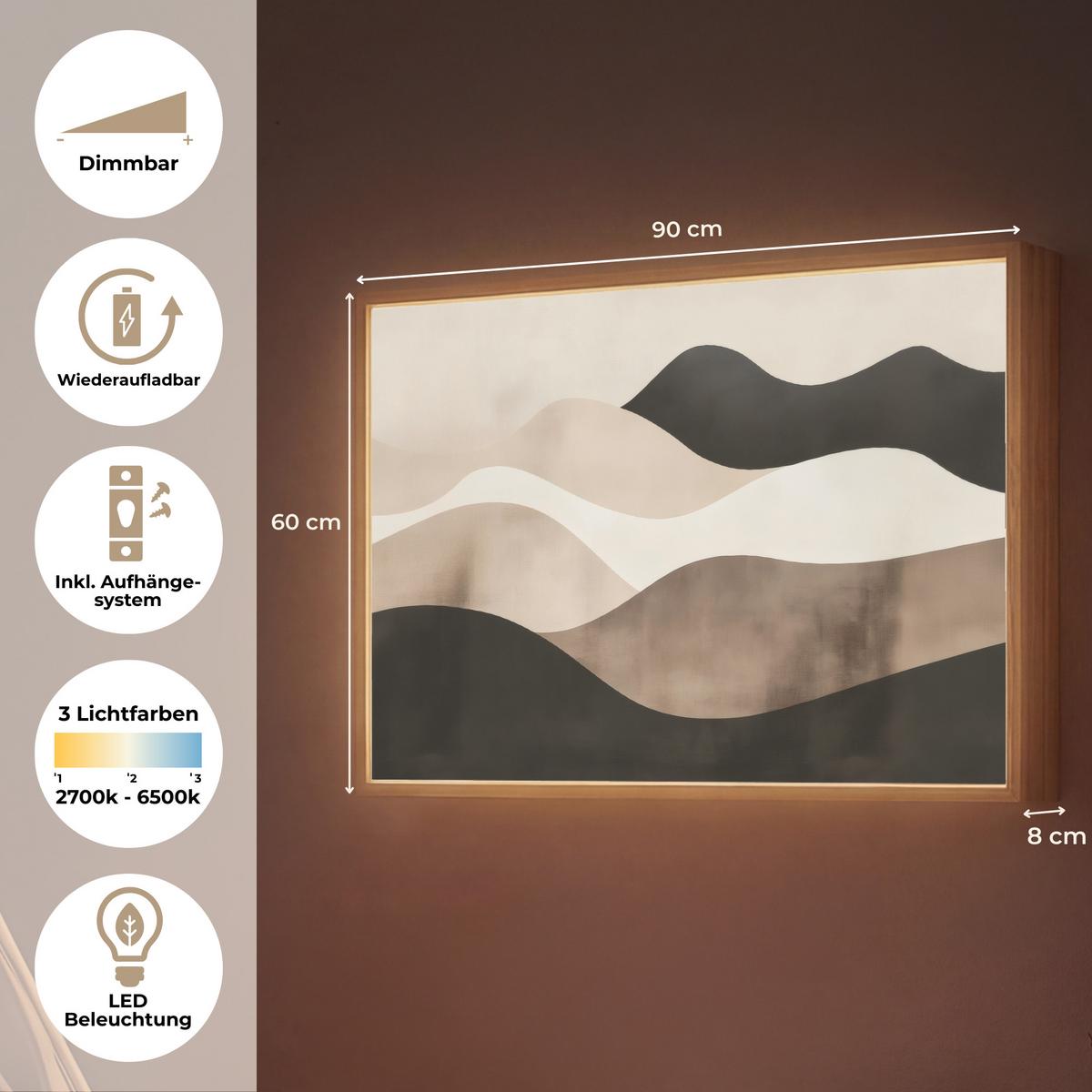 WANDLEUCHTE MIT AKKU Abstrakt - Landschaft - Wellen - Cremefarben 90x60 cm - Graubraun, Holzwerkstoff (90/60/8cm) - OnlyWow