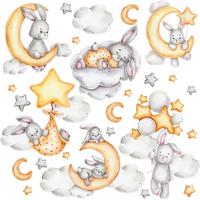 STICKER SET für Kinder Häschen Wolken Monde Sterne 60x30 - Gelb/Beige, Papier (60/30/1cm) - Muralo