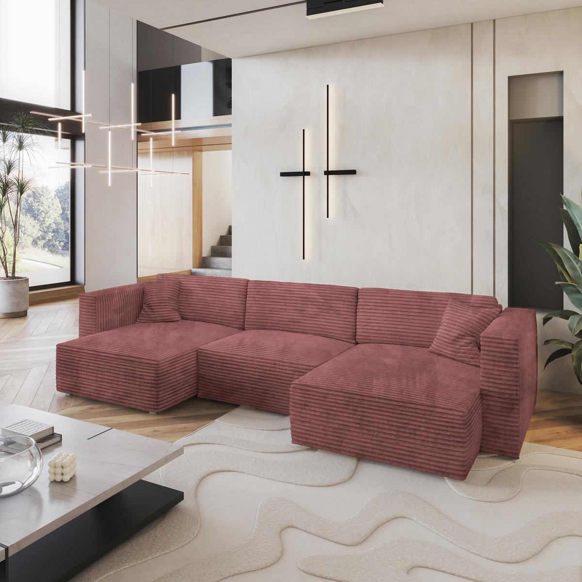 WOHNLANDSCHAFT SARMO Rosa Kordstoff mit Schlaffunktion - Rosa/Grau, Holz/Kunststoff (347/90/148cm) - MASSENO