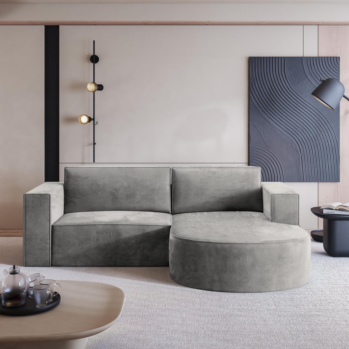 ECKSOFA SORELA M R-S Hellgrau Velours-Stoff mit Schlaffunktion - Hellgrau, Holz (263/174cm) - MASSENO