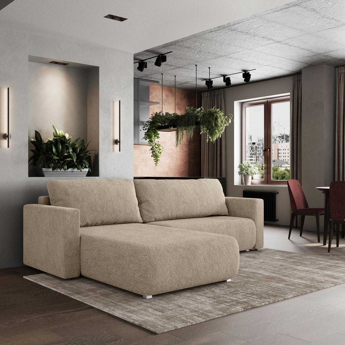 ECKSOFA TURIN N Beige Bucle-Stoff mit Schlaffunktion - Beige/Grau, Holz/Kunststoff (265/183cm) - MASSENO