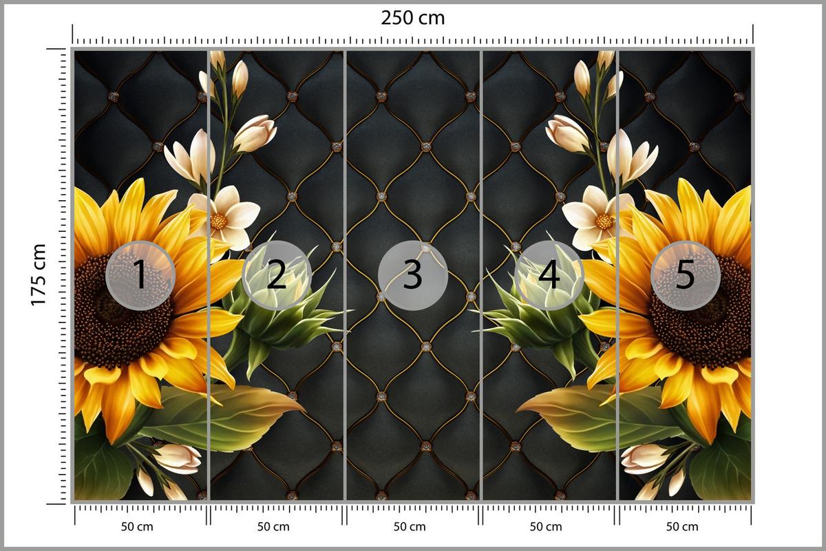 FOTOTAPETE für Küche Blume Sonnenblumen auf gestepptem Hintergrund 250x175 - Gelb/Schwarz, Papier (250/175cm) - Muralo