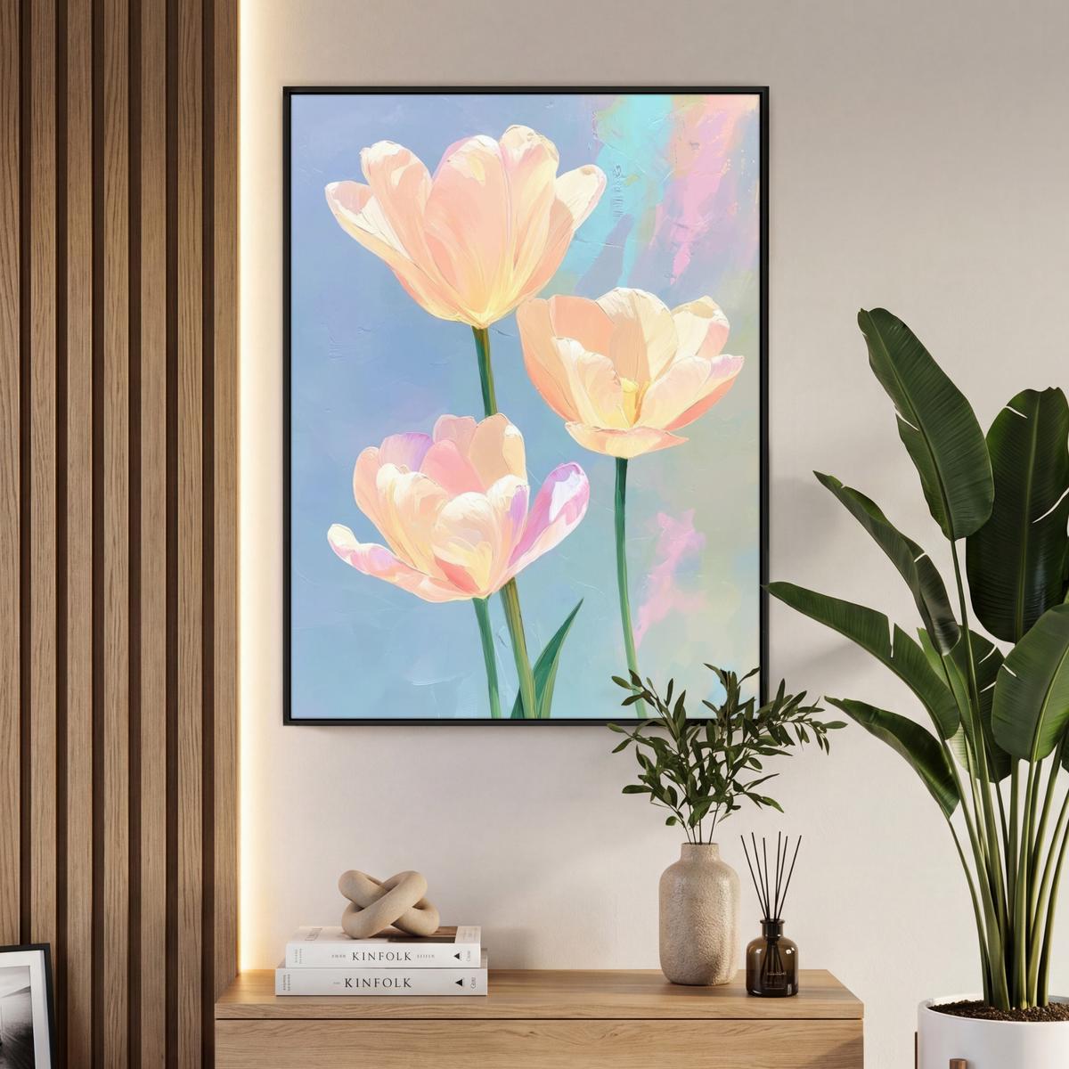 LEINWAND Bilder mit Rahmen - Tulpen - Rosa Akzente - Blau - 70x100 - Pastellblau, Textil (70/100cm) - MuchoWow