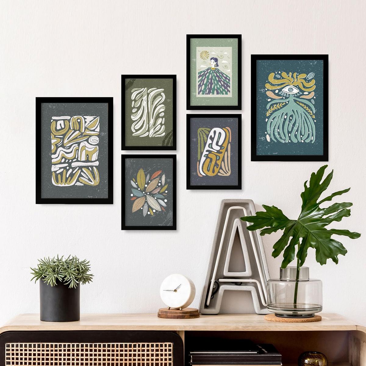 POSTER Set Mit 6 Drucken Mit Kalten Tönen In Der Sammlung Ethnischer Style Drucke Dekorative Für Zuhause Wandkunstdruck A3 & A4 Schwarzer Rahmen - Schwarz, Papier (29/3cm) - Nacnic