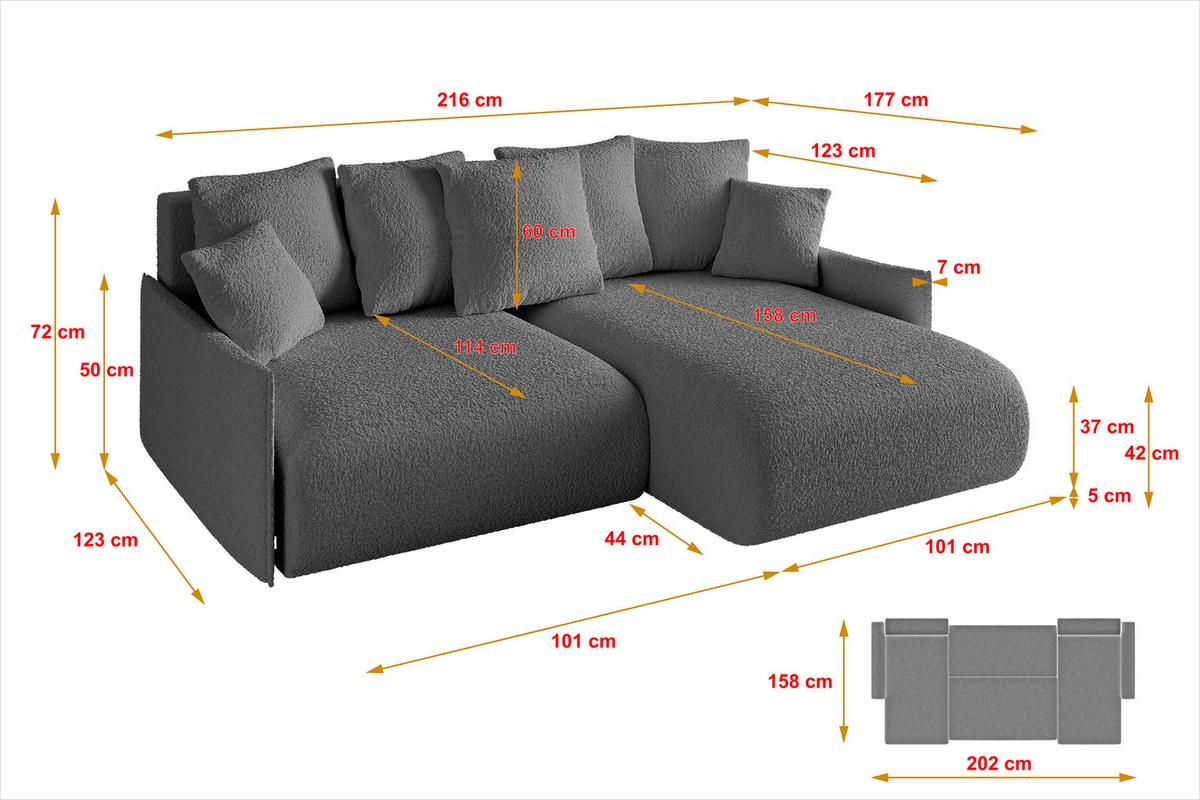 ECKSOFA Ottomane rechts ONESK-L -v1 216x177x72 Grau Bouclé - Platinfarben, Holzwerkstoff/Kunststoff (177/216cm) - ALTDECOR