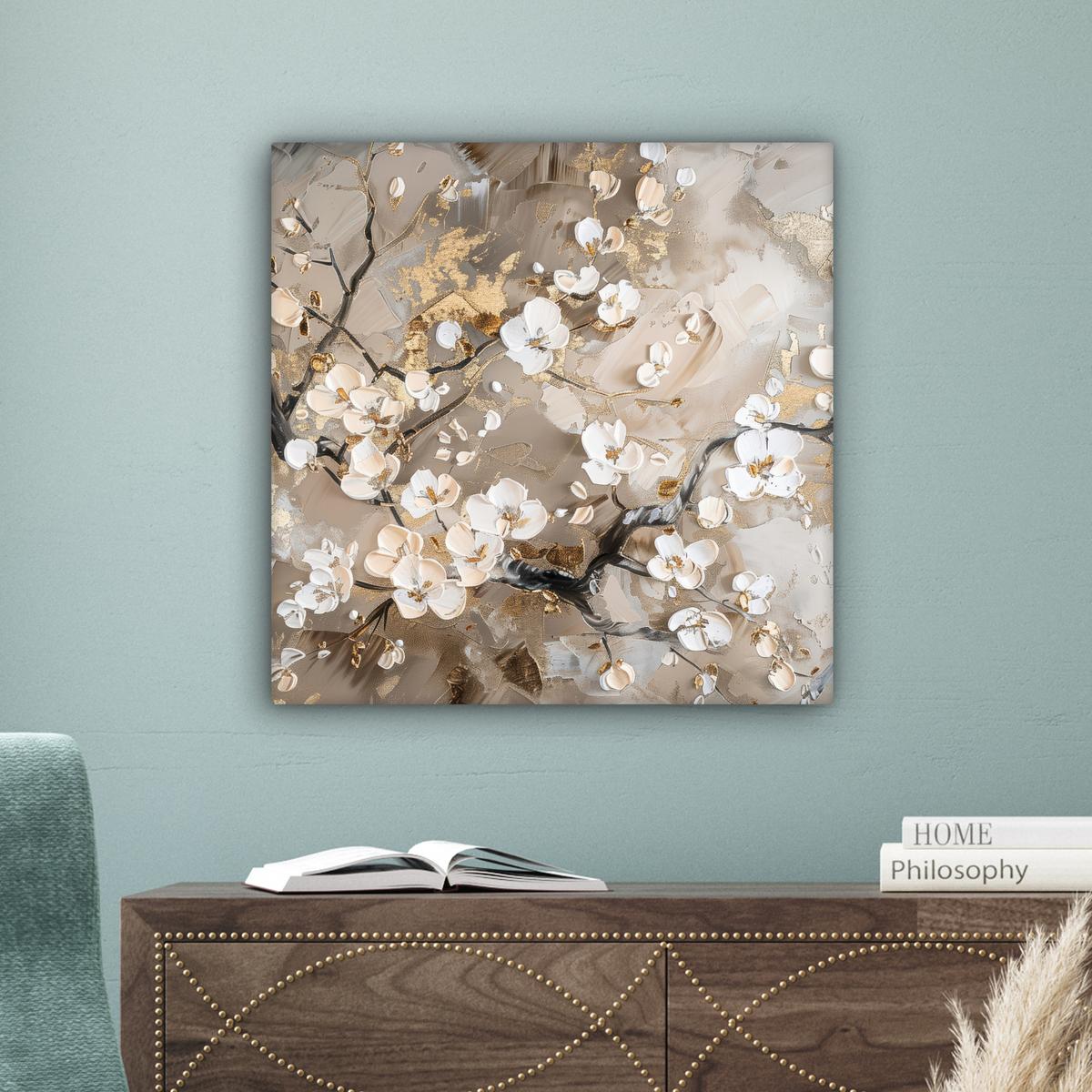 LEINWANDBILD Blumen - Weiß - Gold - Beige - Luxus Wandbild Wohnzimmer 50x50 cm - Greige, Textil (50/50cm) - MuchoWow