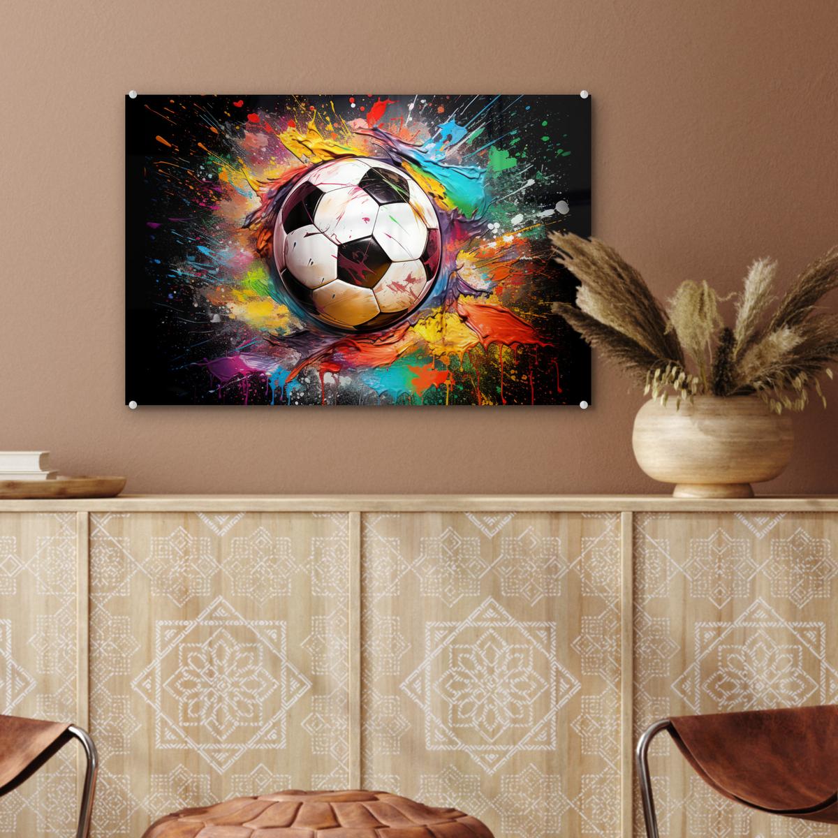 ACRYLGLASBILD Fußball - Farbe - Farben - Schwarz - Weiß Wanddeko 60x40 cm - Weiß, Glas (60/40cm) - MuchoWow