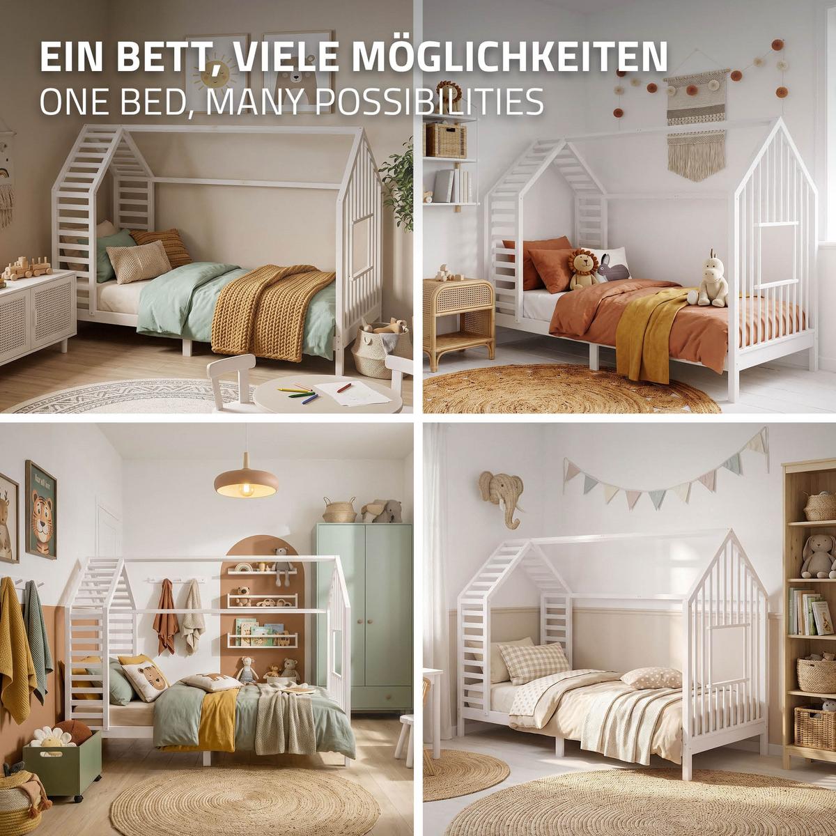 KINDERBETT 90x200 cm mit Lattenrost Dach und Fenster Hausbett aus massivem Kiefernholz Weiß - Weiß, Holz (90/200cm) - ML-DESIGN