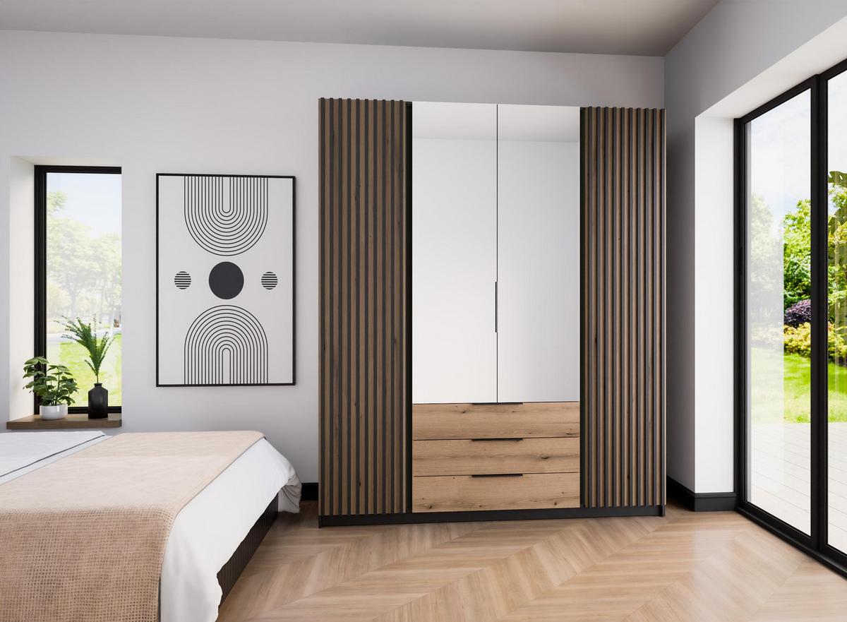KLEIDERSCHRANK Nehir Korpus Schwarz, Front Eiche Evoke/Schwarz 200 cm - 4T3S Modern mit Schubladen, Lamellentüren außen und Spiegeln mittig - Eichefarben/Schwarz, Holzwerkstoff/Kunststoff (200/239/61.9cm) - AX Living