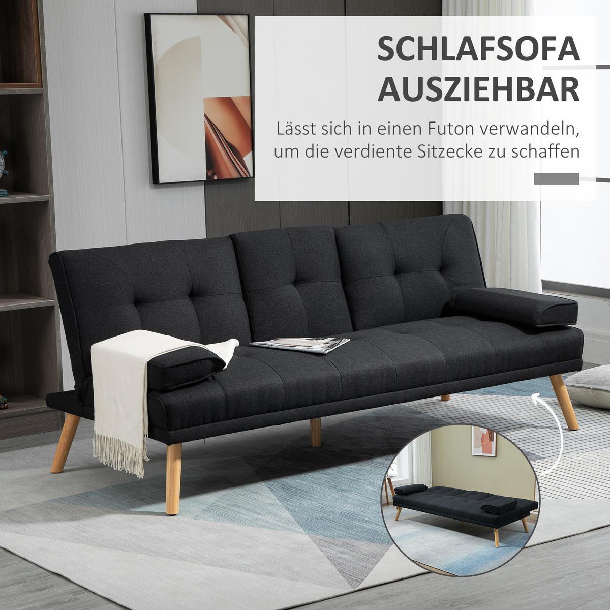 SCHLAFSOFA, 3-Sitzer-Schlafcouch mit Klappbarem Tisch, Becherhalter, Grau - Naturfarben/Grau, Holz/Textil (77/78/181cm) - HOMCOM