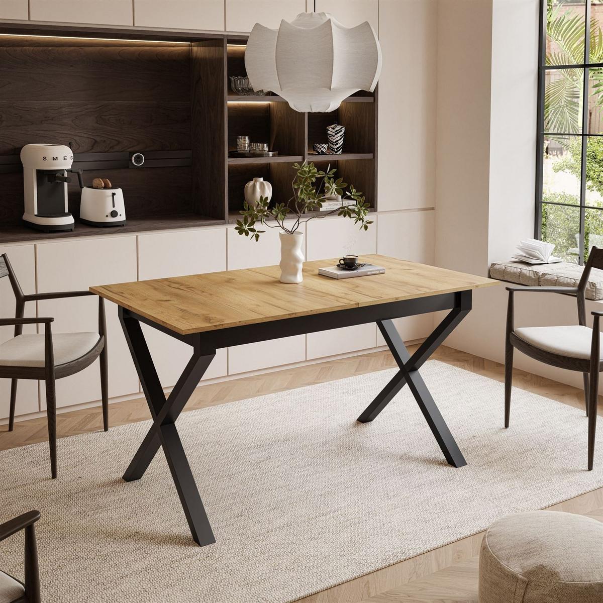 ESSTISCH ARTON II ausziehbarer Tisch 140-195 cm für 6-8 Personen - Eichefarben/Schwarz, Holzwerkstoff/Metall (140/80/77cm) - Lookway