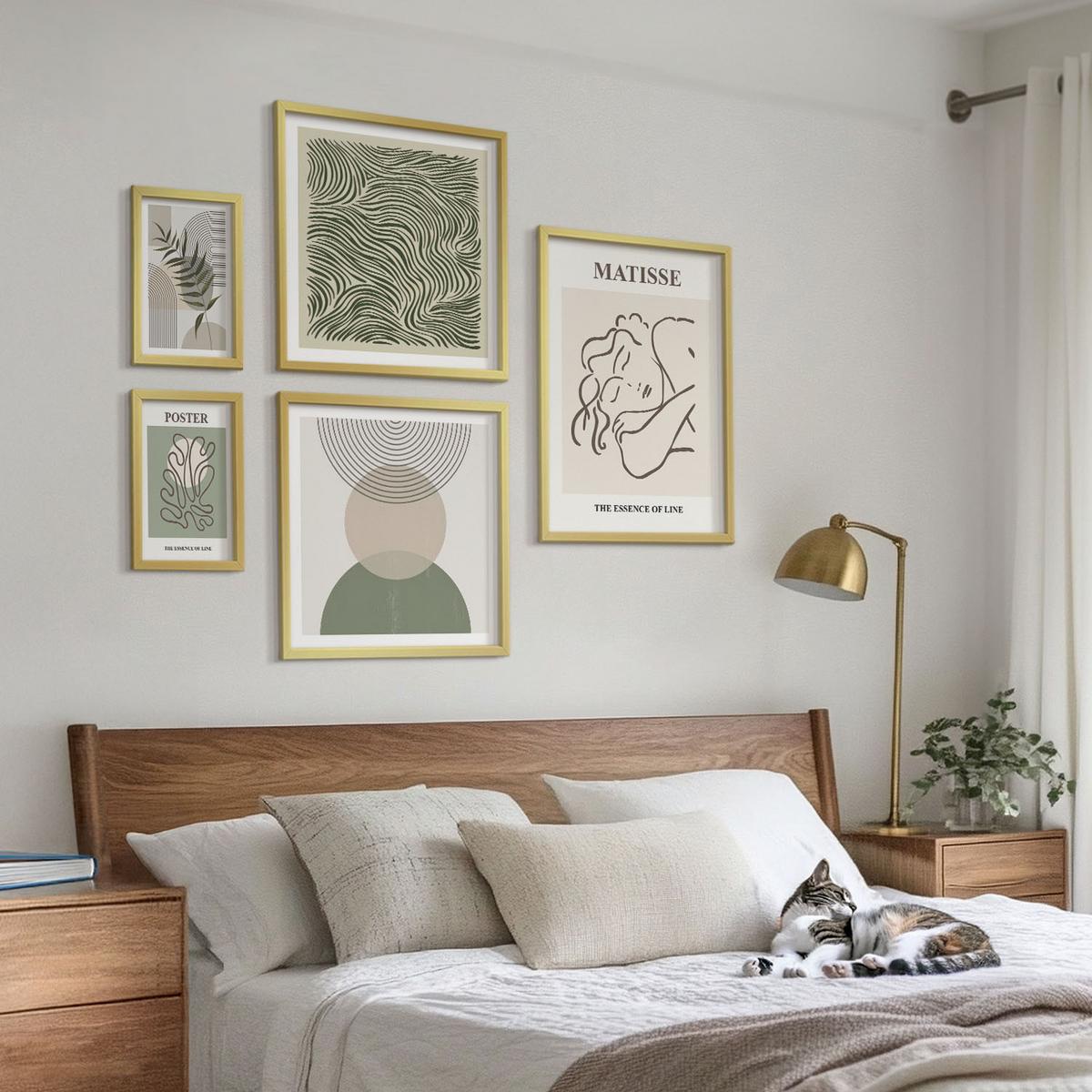 BILDER SET 5er Set - 50x50 cm & 20x30 cm & 40x60 cm Goldrahmen - Geometrische botanische Muster - Goldfarben, Kunststoff (40/60cm) - TULUP