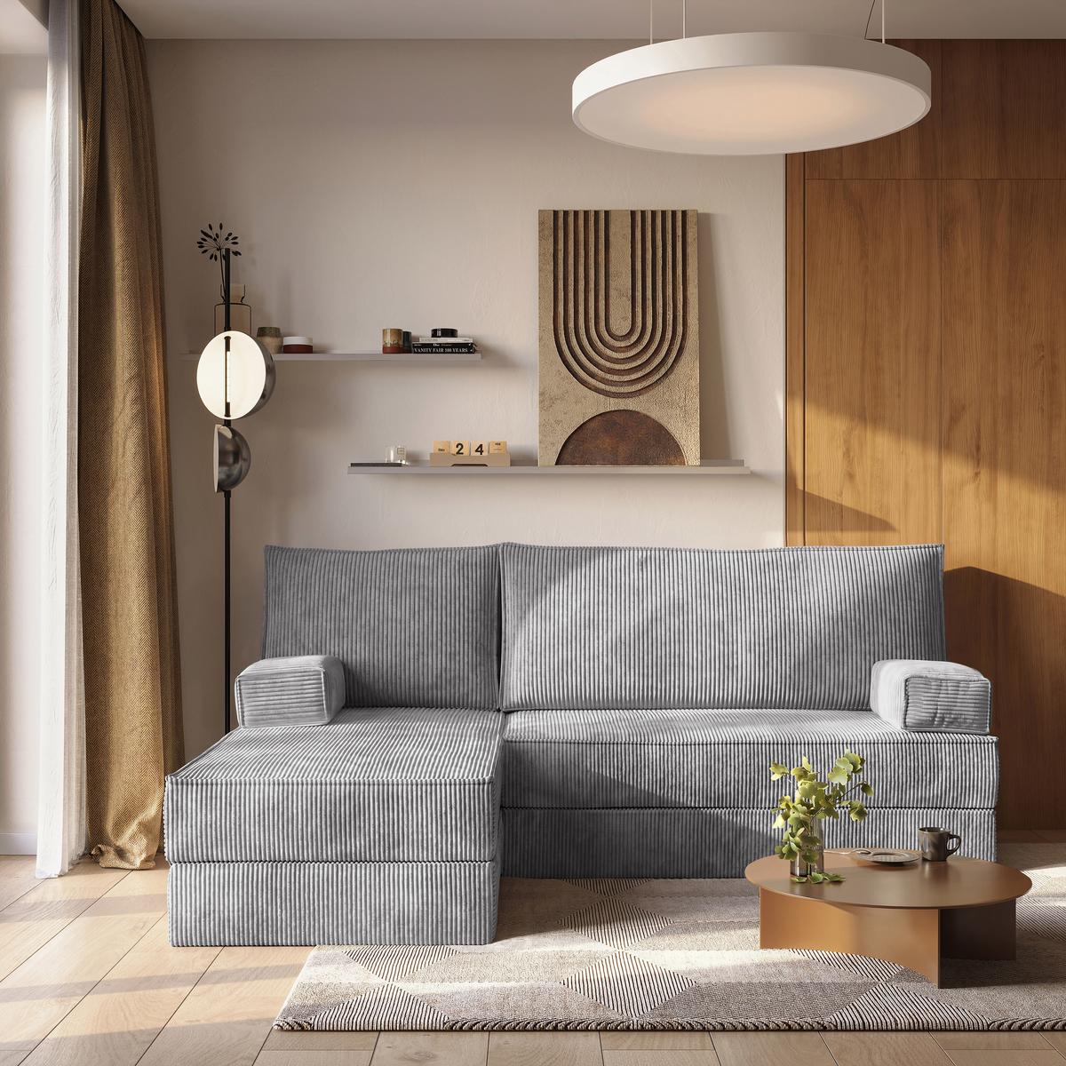 ECKSOFA NOTIA modulares Boneless Sofa mit Schlaffunktion Hellgrau Kordstoff - Hellgrau, Textil (200/120cm) - MASSENO