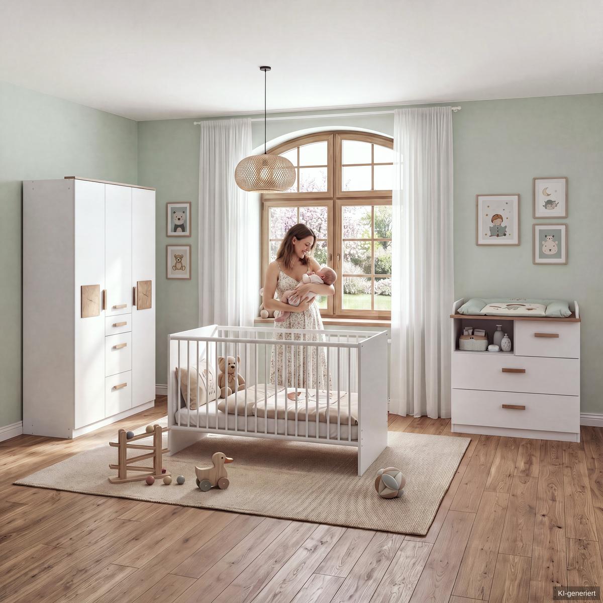 BABYZIMMER-SET 3-tlg.: Babybett & Wickelkommode & Kleiderschrank 3-türig B135/H199/T58 cm, Weiß mit Eiche & Hirnholz Dekor / 22813 - Eichefarben/Weiß, Holzwerkstoff (135/199/58cm) - luma-home