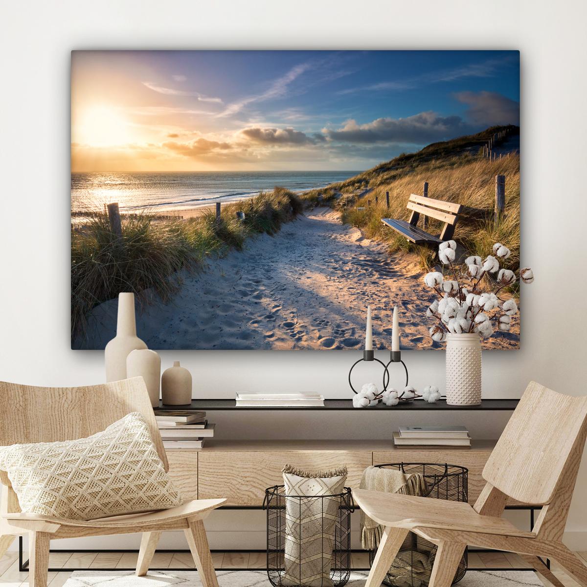 LEINWANDBILD Sonnenuntergang - Strand - Düne - Gras - Ufer Groß 140x90 cm - Sandfarben, Textil (140/90cm) - MuchoWow