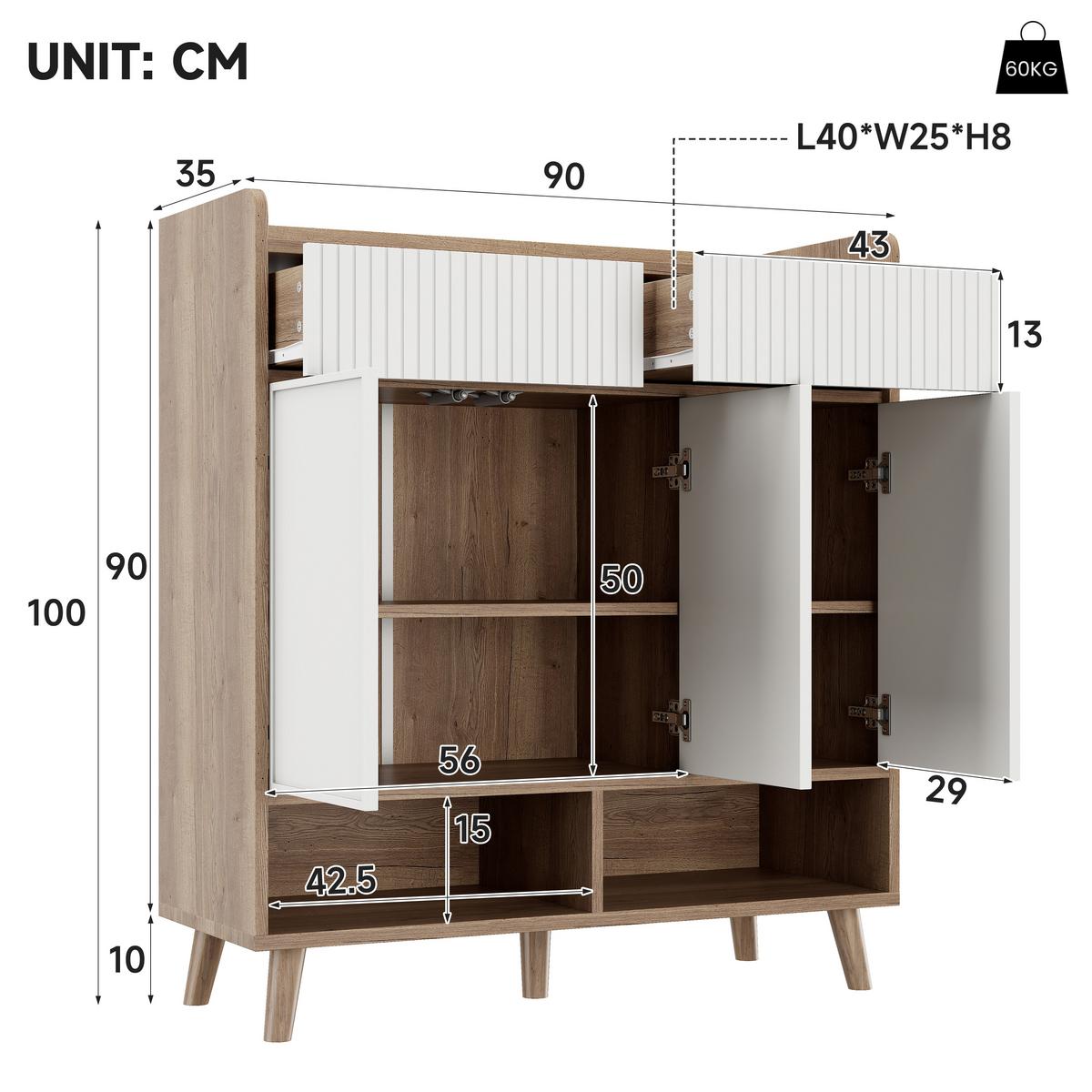 SCHUHSCHRANK weiß & holzoptik, 3 türen & 2 schubladen mit rillendesign - Naturfarben, Holzwerkstoff (90/100/35cm) - Urban Meuble