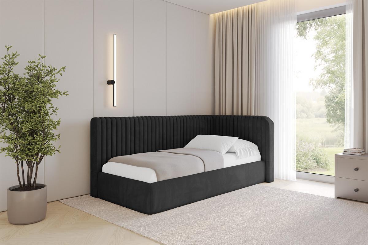 EINZELLBETT Jugendbett mit Bettkasten und Matratze H3/H4, Links - AURY 90x200 Schwarz - Schwarz, Holzwerkstoff/Textil (90/200cm) - ALTDECOR