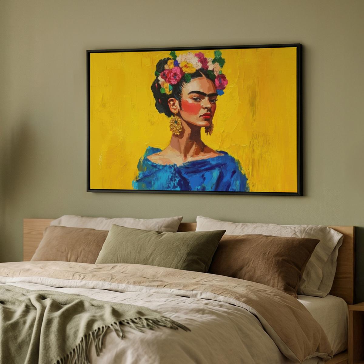 LEINWAND Bilder mit Rahmen - Frida Kahlo - Frau - Gelb - Blau - Blumen - 90x60 - Gelb, Textil (90/60cm) - MuchoWow