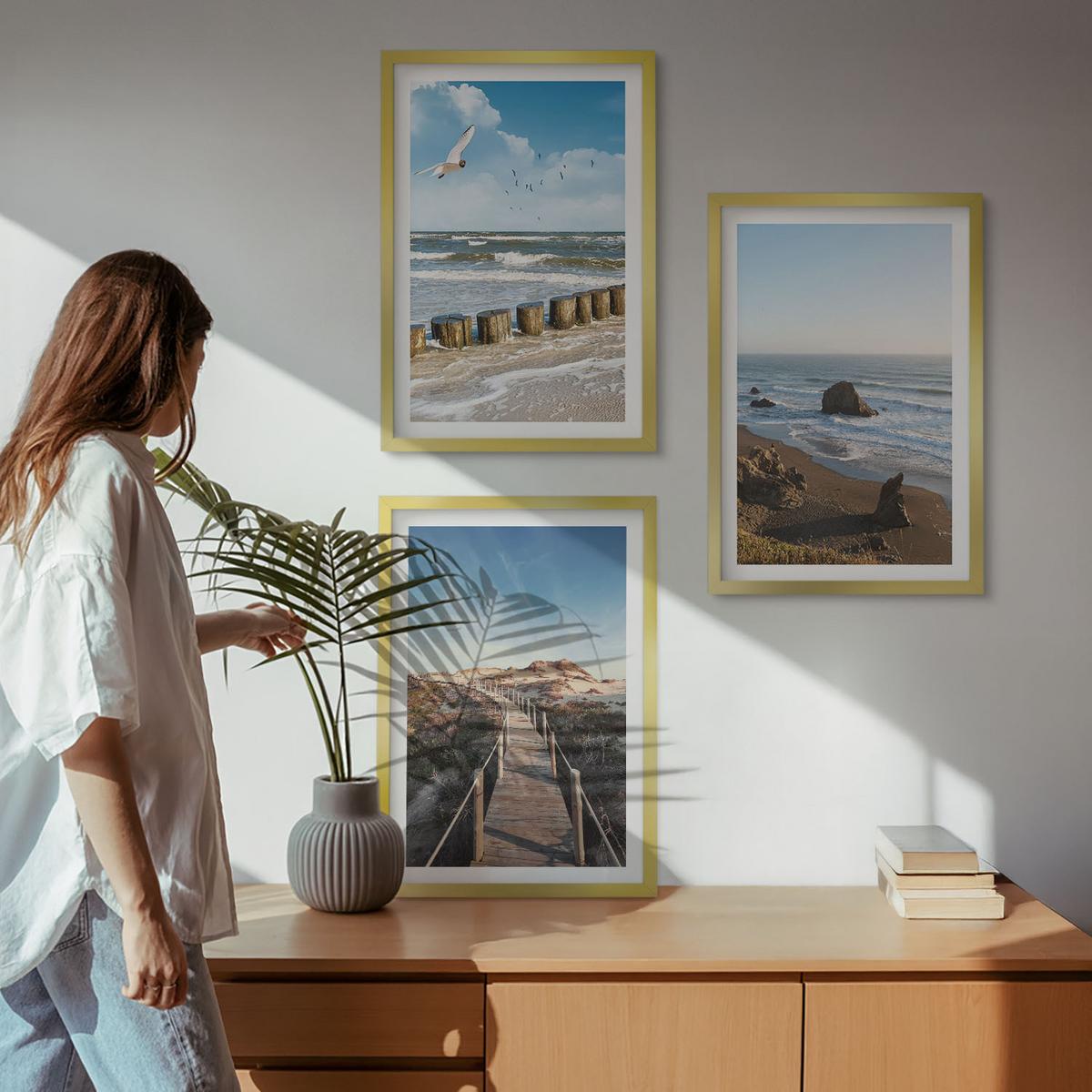 BILDER SET 3er Set - 40x60 cm Goldrahmen - Strandwellen, Himmelsbrücke, Spaziergang - Goldfarben, Kunststoff (40/60cm) - TULUP
