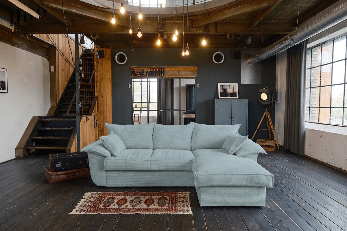ECKSOFA DAMETO Hellblau Cord Mit Schlaffunktion - Schwarz/Hellblau, Kunststoff/Textil (266/174cm) - KAWOLA